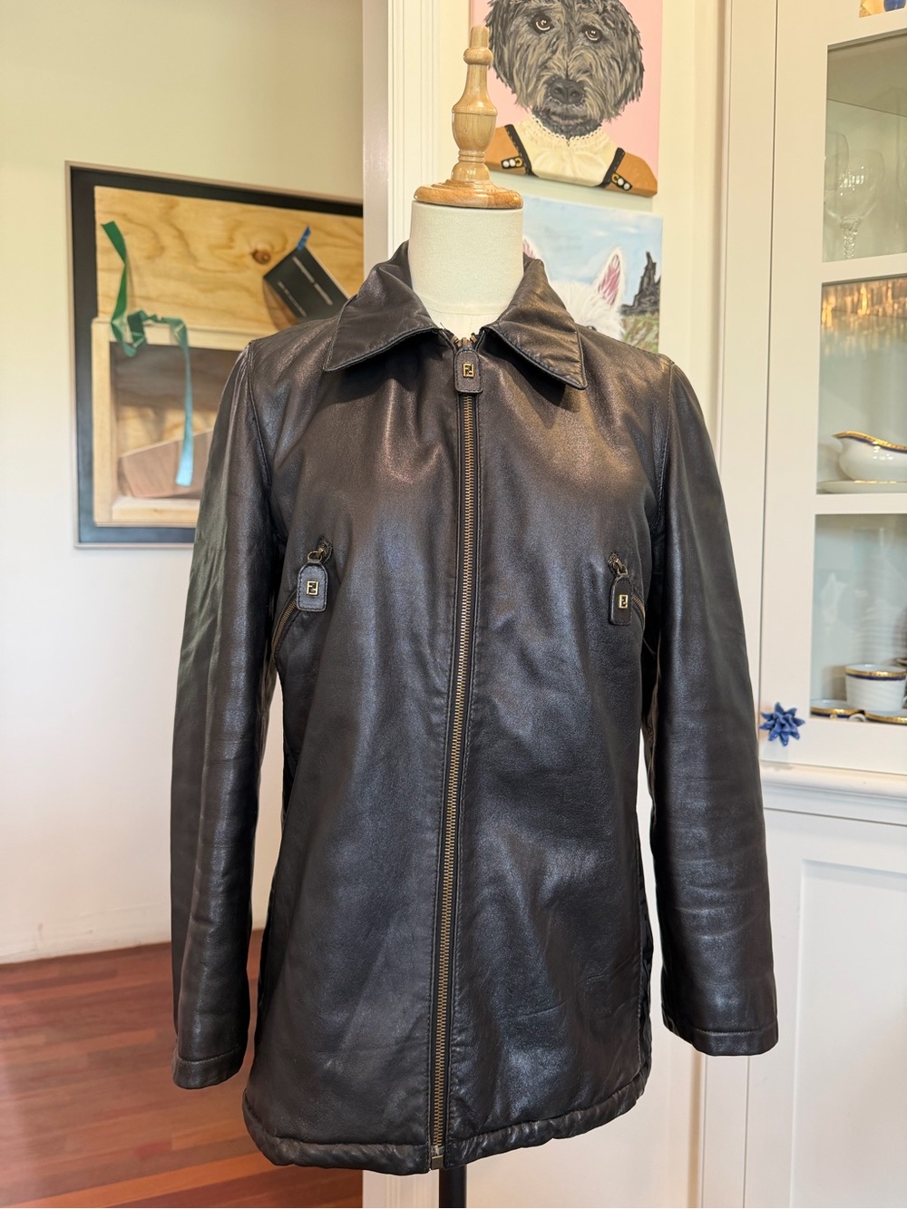 Fendi Black Leather Zip-Up Bomber Jacket